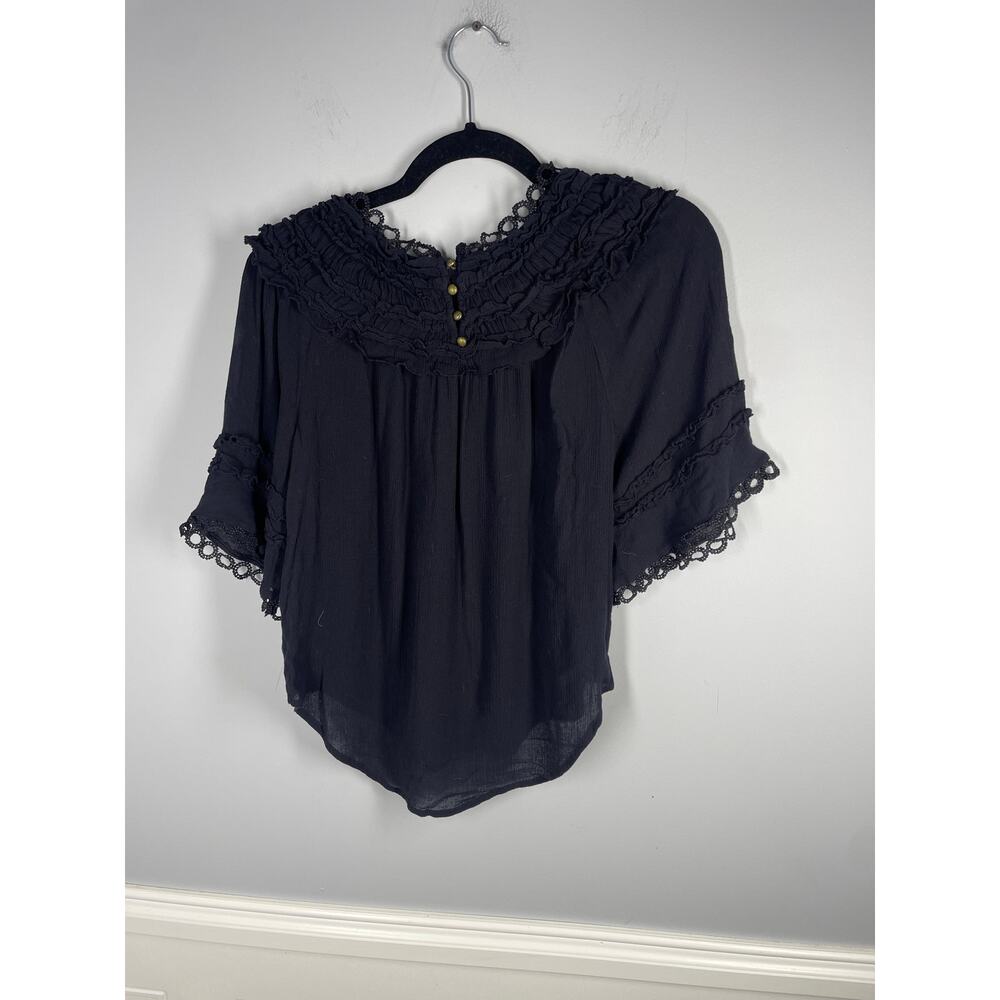 Anthropologie, Sz. XXS, Black Ruffle Yoke Blouse, Crinkle Gauze, Oversized, Boho - Picture 5 of 6